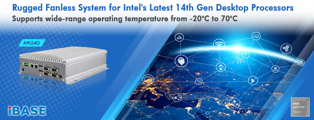 The AMI240 fanless system houses the IBASE MBE240AF motherboard.